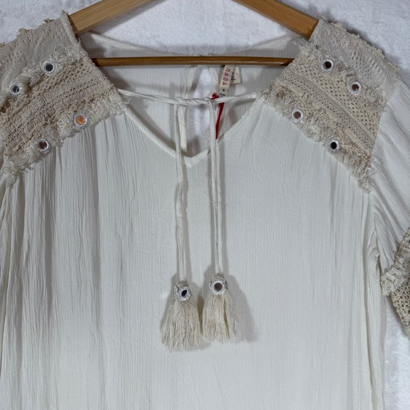 RAGA | Style R3104 White Crochet Tassel Mirror Embellished Tunic Top Size S - Picture 2 of 6